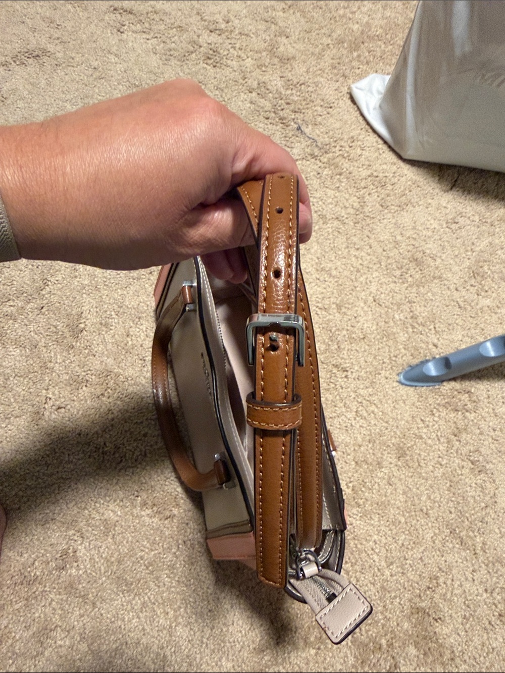 Kate Spade Cream, Peach & Brown Leather Satchel with crossbody strap - Picture 12 of 16